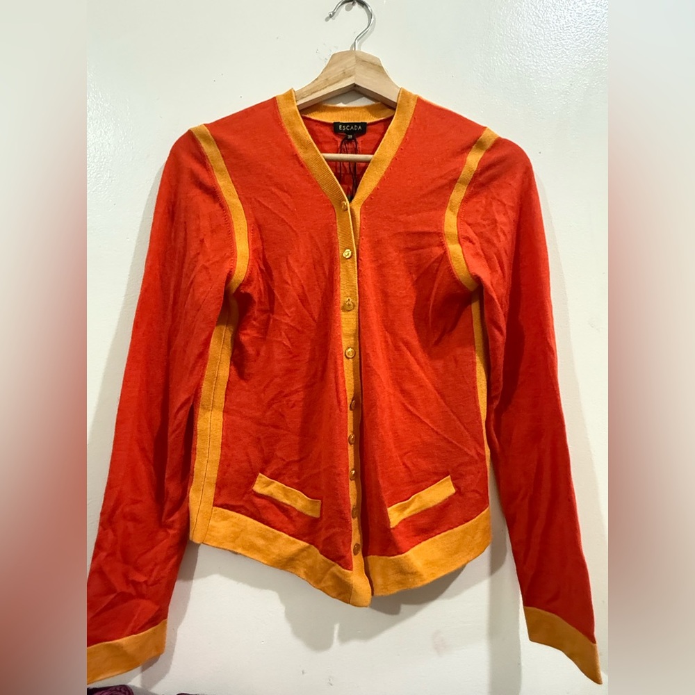 Escada Orange-Red Cardigan with Yellow Trim